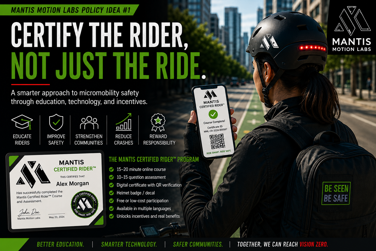 Micro-Mobility Rider Certification concept showing an educated e-bike or e-scooter rider prepared for safer travel.