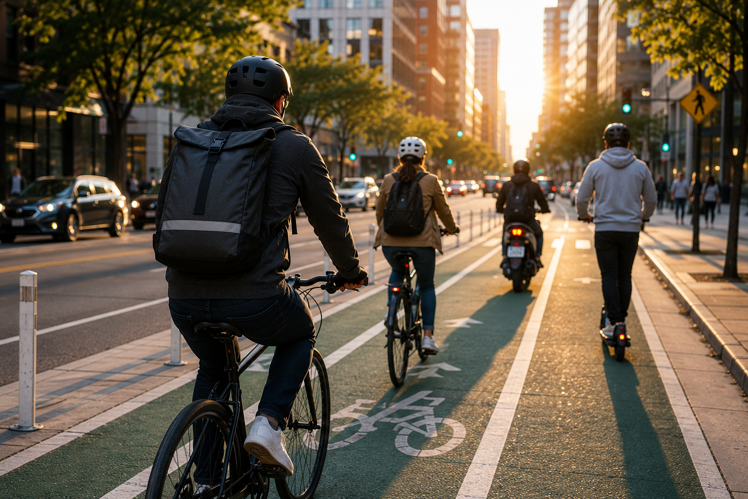 Bicycle, e-bike and e-scooter riders commuting on a city street